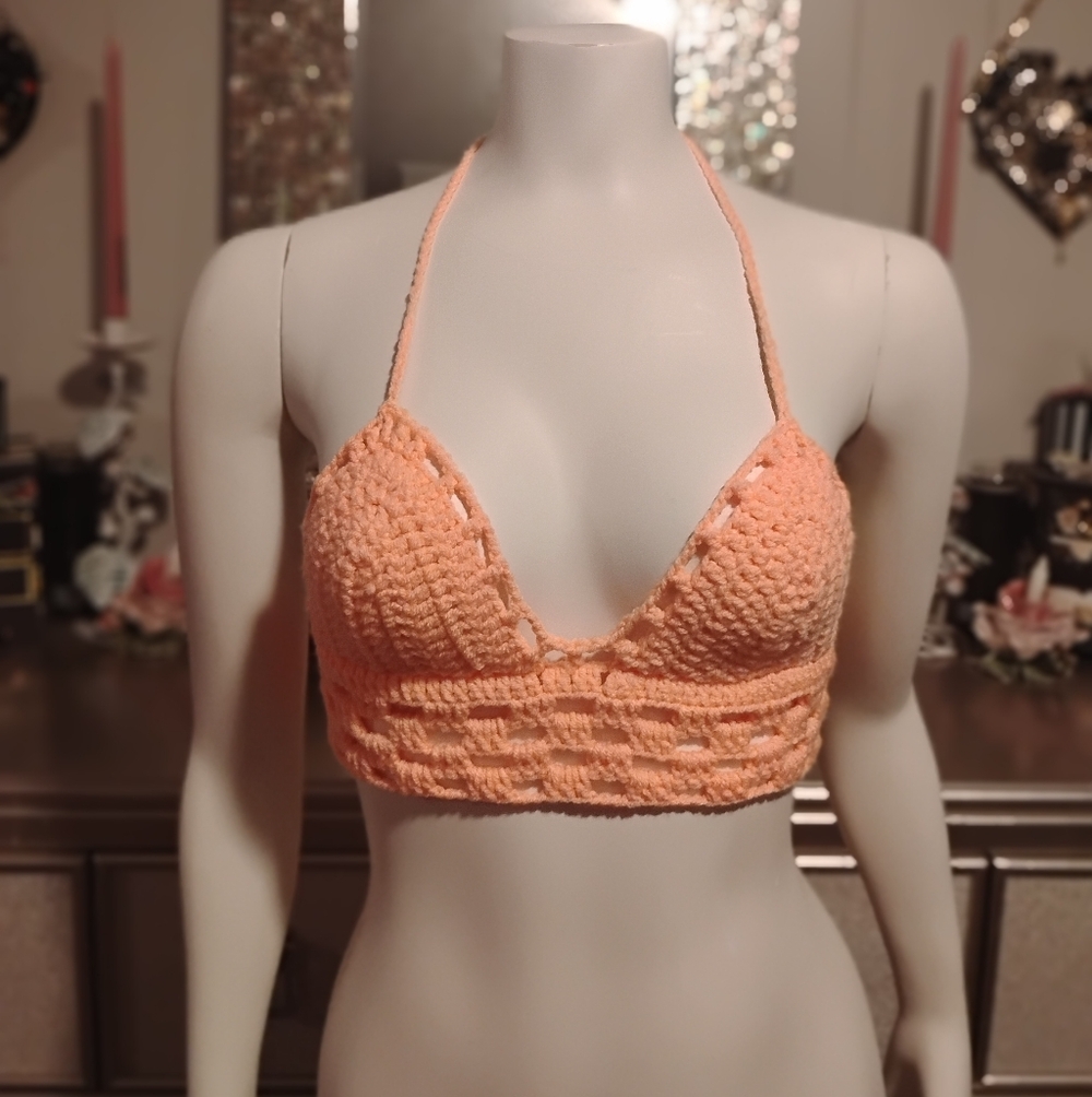 Peach Halter Crochet Bralette